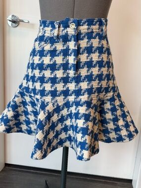 Sandro Blue and Cream Houndstooth Flared Skirt